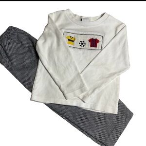 Smocked soccer two piece set outfit size 3 smocked  top black herringbone pants